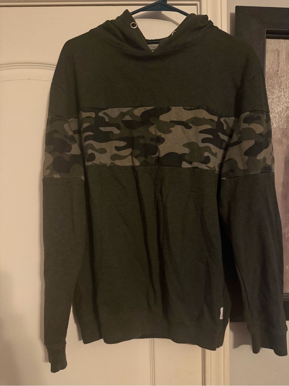 Men's Olive Green Hoodie Sweater with Camouflage Panel